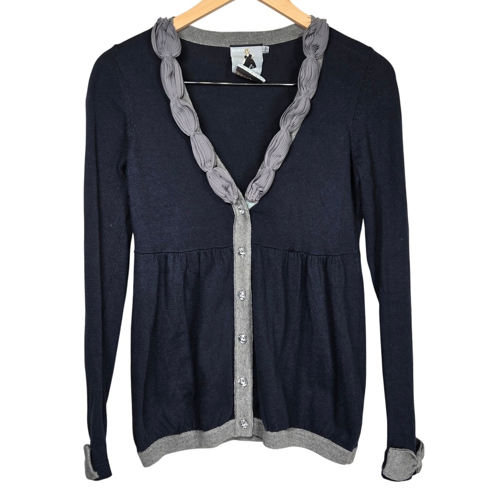 Esther's Archive Navy Blue Cotton Cashmere Ruffle Bow Cardigan Sweater Small